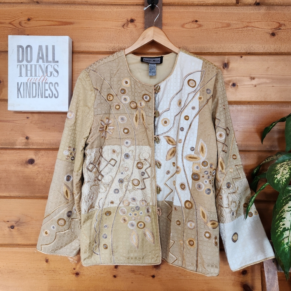 Indigo Moon Vintage Embroider Tan‎ Floral Art Patchwork Blazer Jacket Lined Sz L